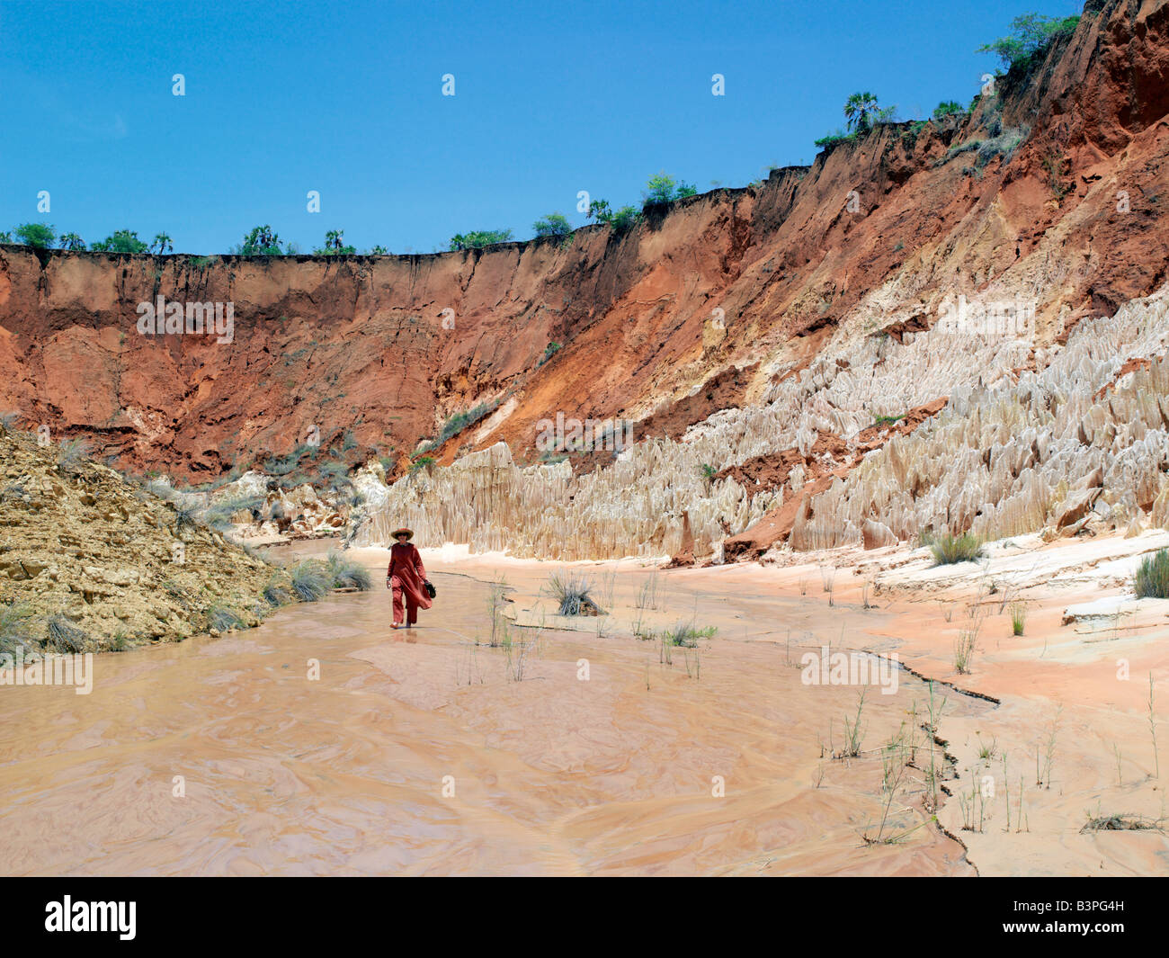 Northern Madagascar, A lady visitor walks down a ravine of ancient rock formations at Irodo, southeast of Antsiranana (Diego Suarez). The impressively sharp pinnacles of karst sandstone, known in Madagascar as tsingy, are a feature of this ravine.Tsingy is a Malagasy word meaning 'walking on tiptoe'. Stock Photo
