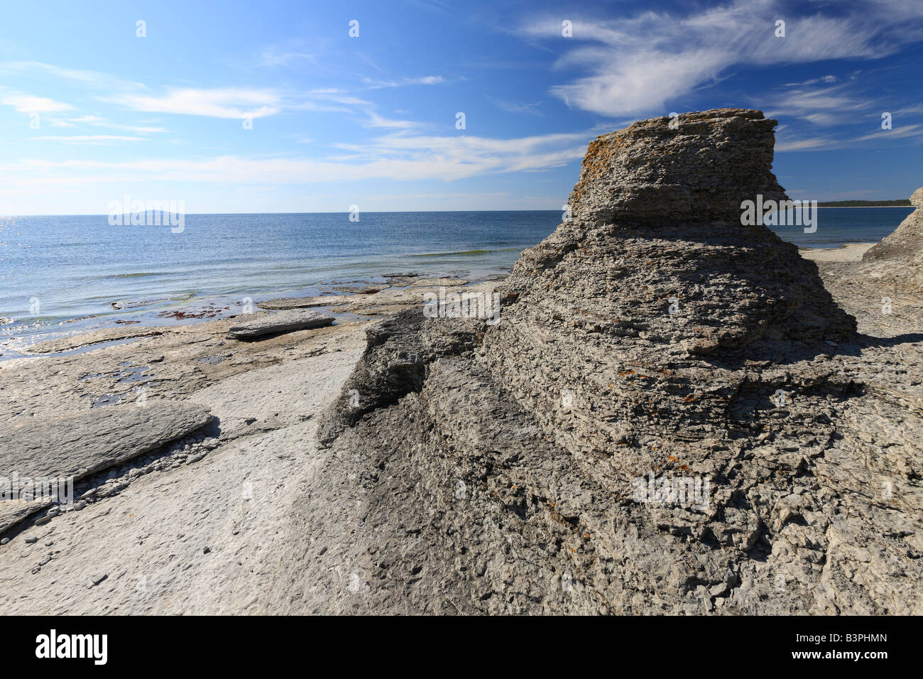 Rauken von Byrum, freestanding sandstone pillars washed out by the sea, Byrum, Oeland, Kalmar County, Sweden, Scandinavia Stock Photo