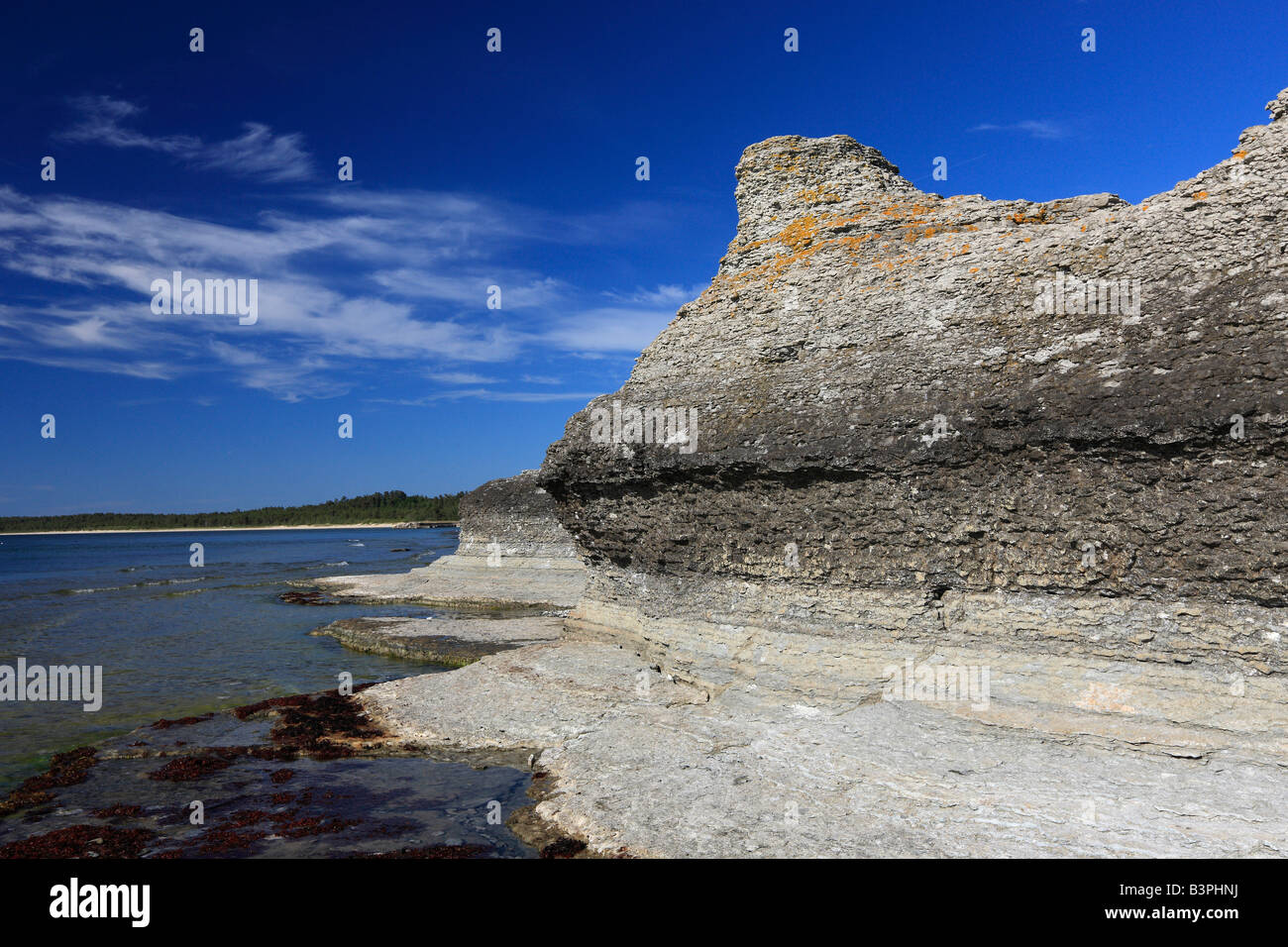 Rauken von Byrum, freestanding sandstone pillars washed out by the sea, Byrum, Oeland, Kalmar County, Sweden, Scandinavia Stock Photo