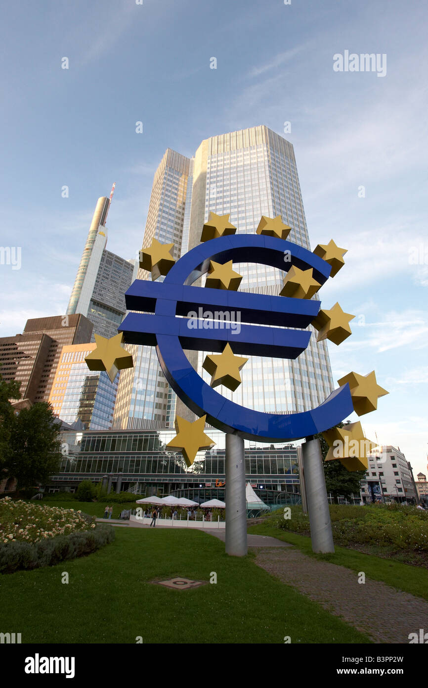 Euro sign and Eurotower of the European Central Bank, Frankfurt/Main, Hesse, Germany, Europe Stock Photo