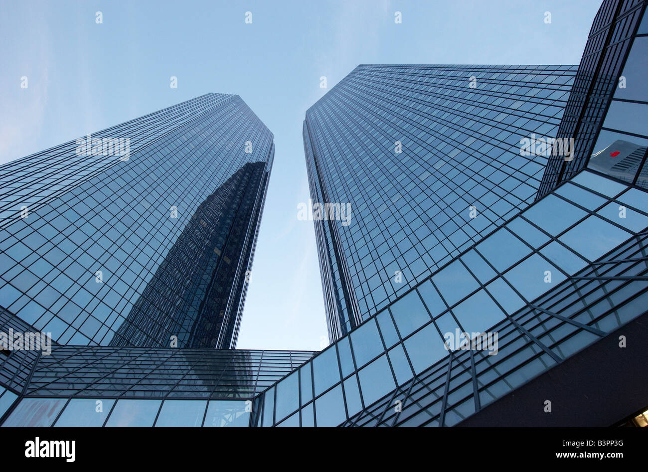 Twin towers 'Soll und Haben', 'Debit and Credit', Deutsche Bank towerblock, Frankfurt/Main, Hesse, Germany, Europe Stock Photo