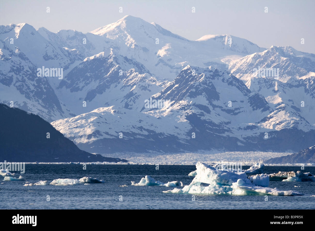 Drifting ice blocks, Columbia Bay, Columbia Glacier in the back, Pacific Coast, Prince William Sound, Alaska, USA Stock Photo