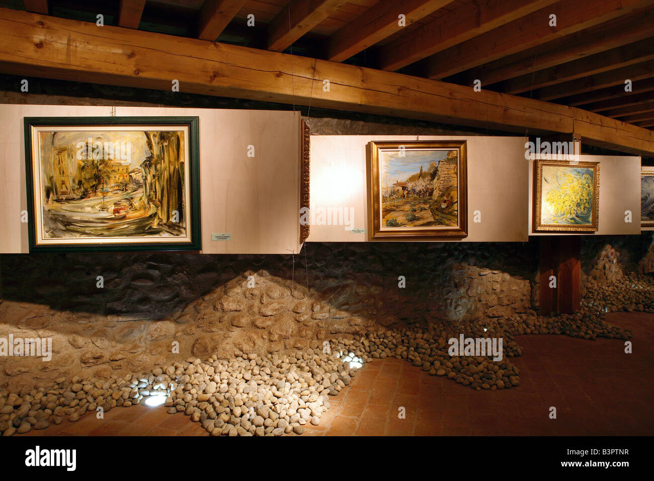 Temporary art exhibition, Cavalleri Dario painter, Ancient water mill, Gavardo, Lombardy, Italy Stock Photo
