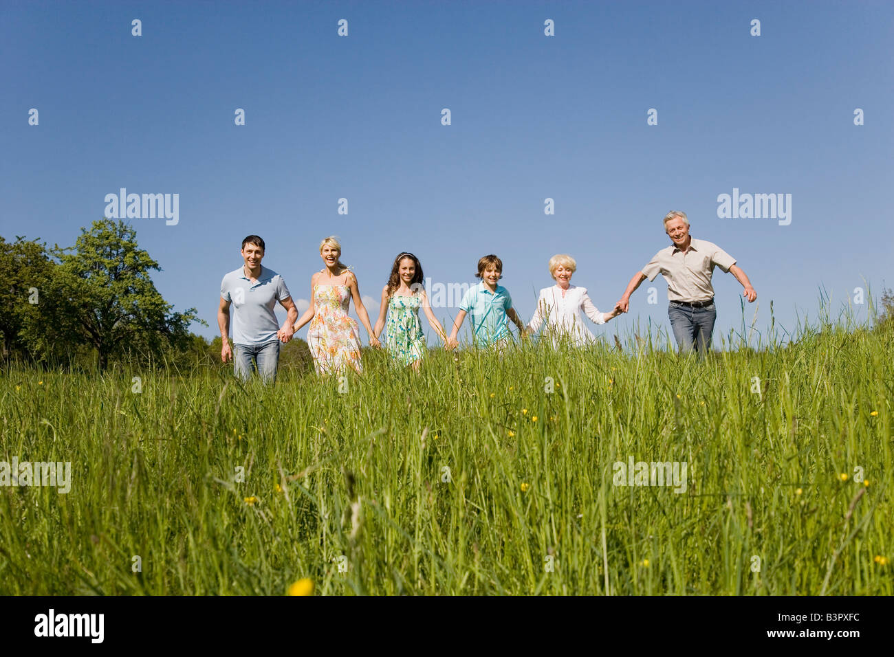 Germany, Baden Württemberg, Tübingen, Three generation family holding hands, walking through meadow Stock Photo