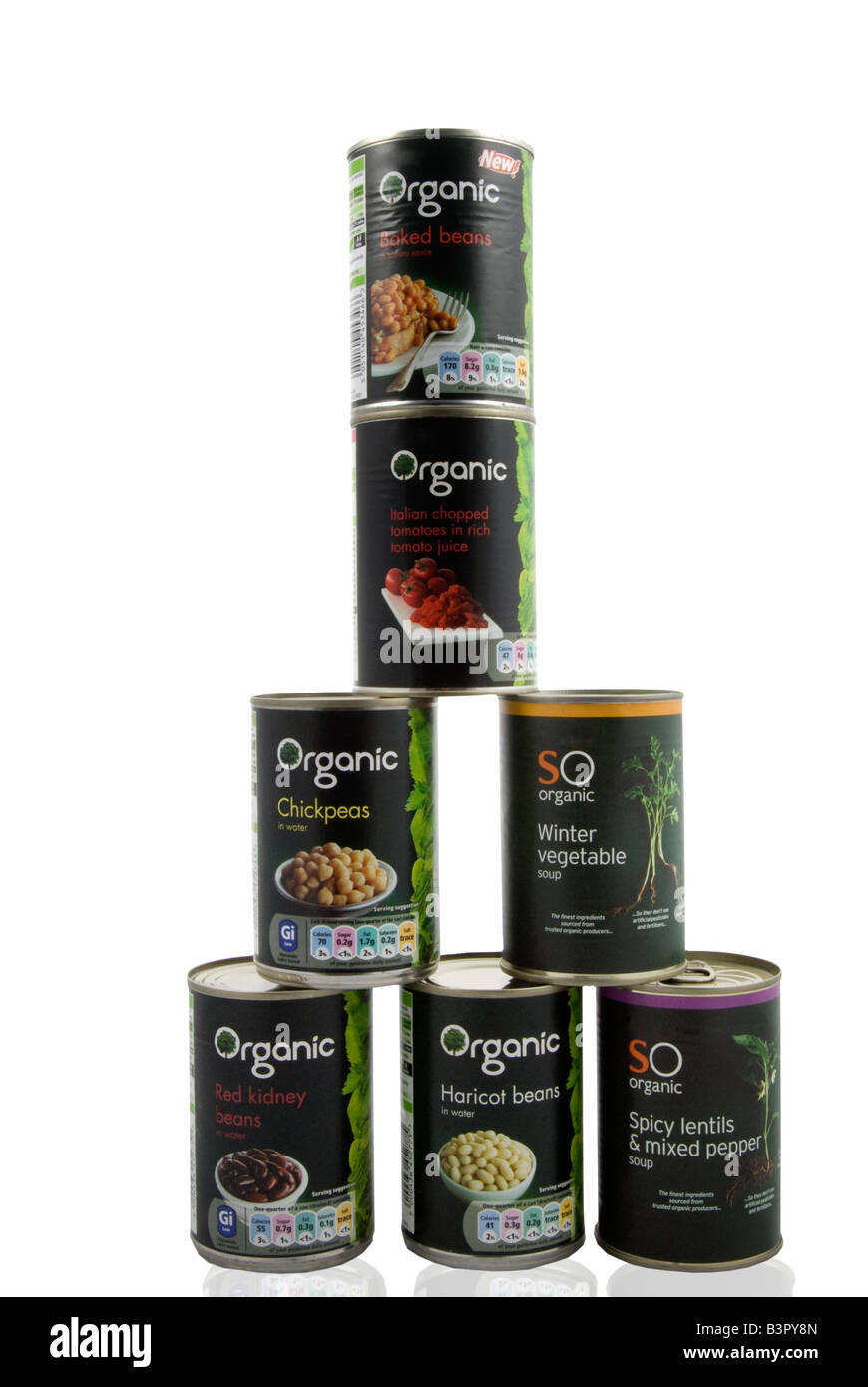 tins of organic food Stock Photo