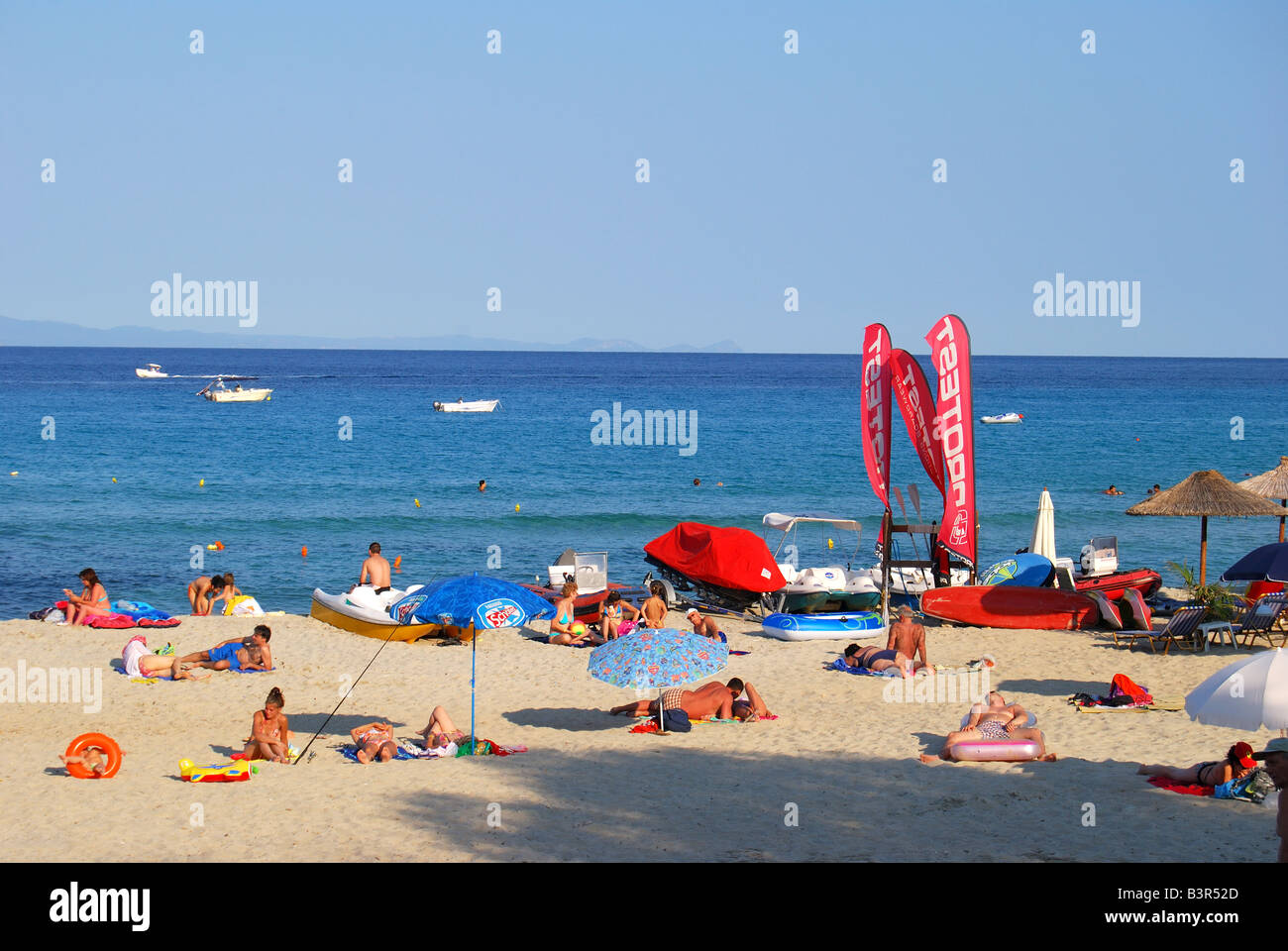 Beach view at sunset, Kallithea, Kassandra Peninsula, Chalkidiki, Central Macedonia, Greece Stock Photo