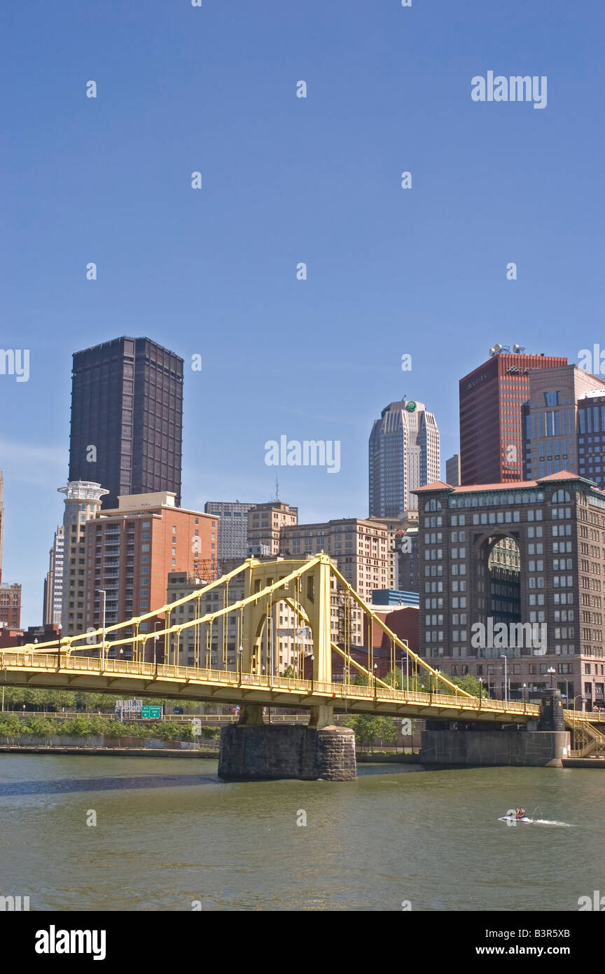 Pittsburgh, Pennsylvania skyline with Roberto Clemente Bridge in foreground, USA Stock Photo