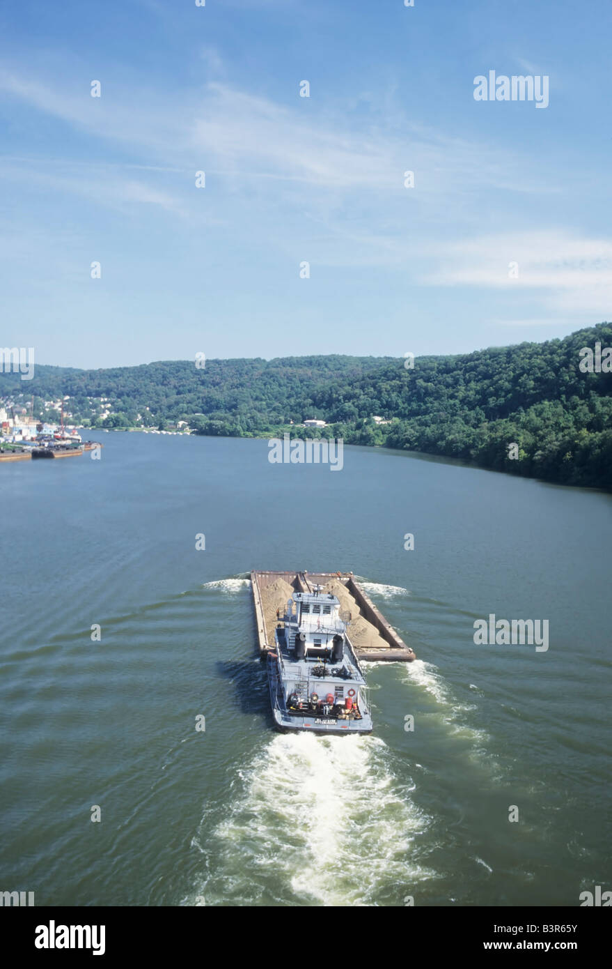 River barge on Ohio River, boat, transportation, industry Ohio - West Virginia border, Power Alley. Stock Photo