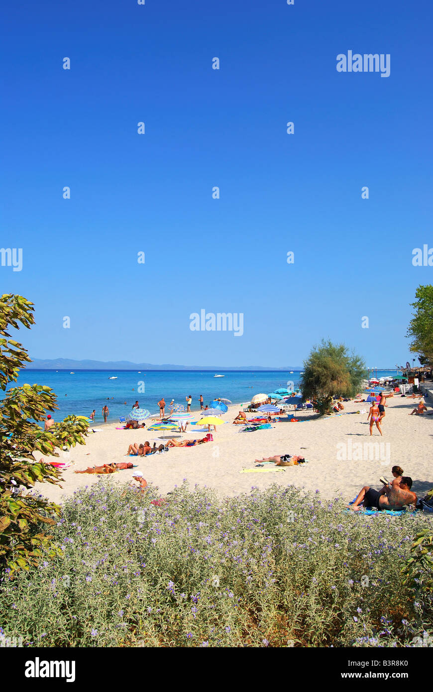 Beach view, Hanioti, Kassandra Peninsula, Chalkidiki, Central Macedonia, Greece Stock Photo