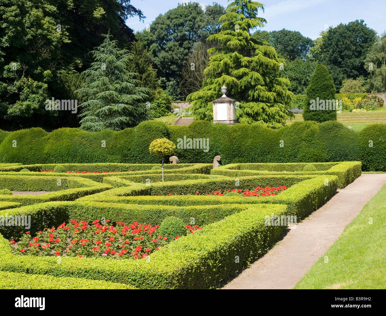 Pretty red flowers in the Spanish Gardens at Newstead Abbey in Nottinghamshire England UK Stock