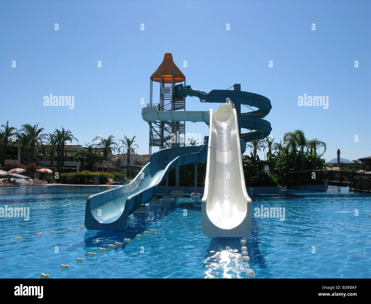 Empty water slide, swimming pool, Sarigerme, Turkey Stock Photo