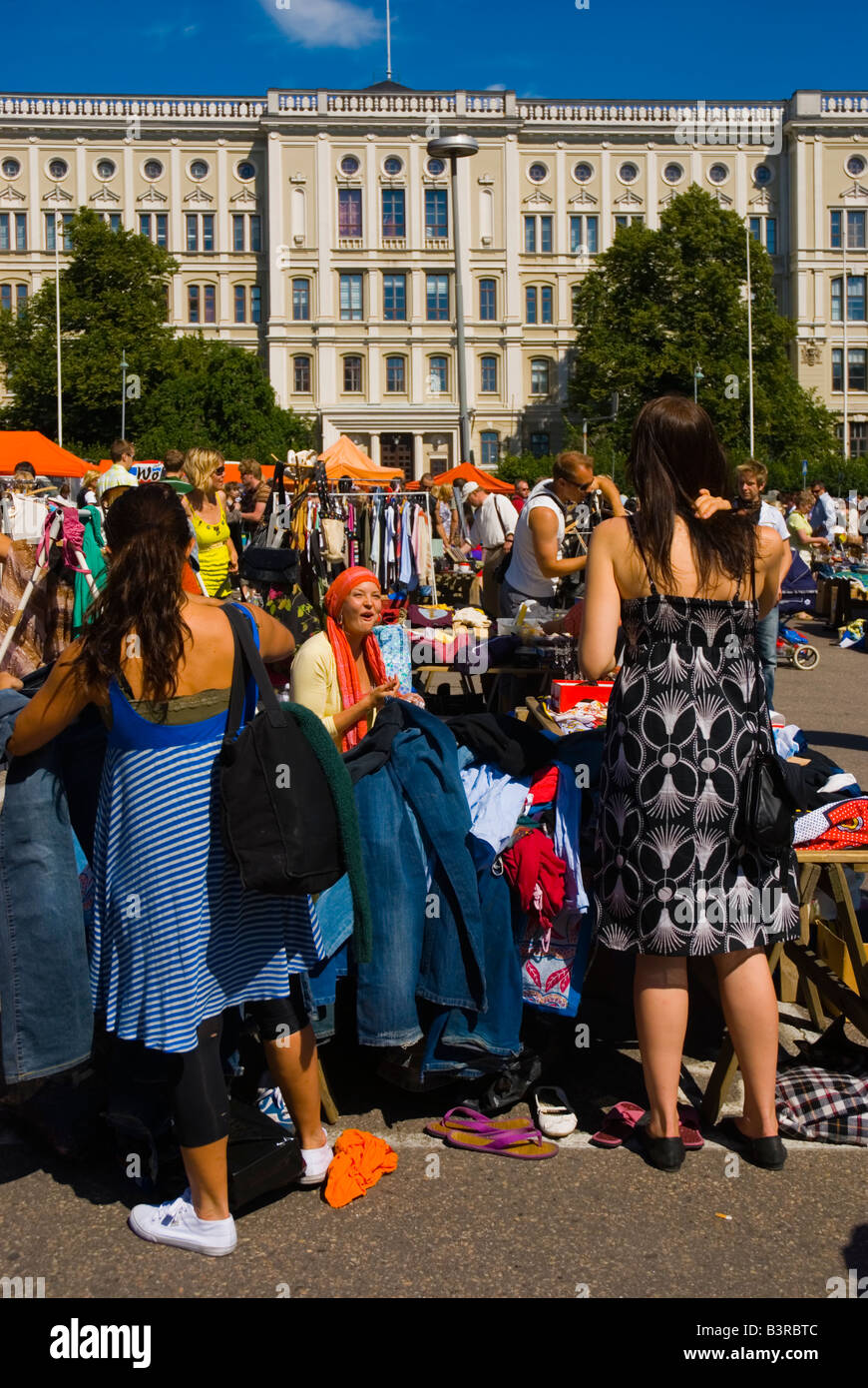 Clothes stall at Hietalahti flea market in central Helsinki Finland