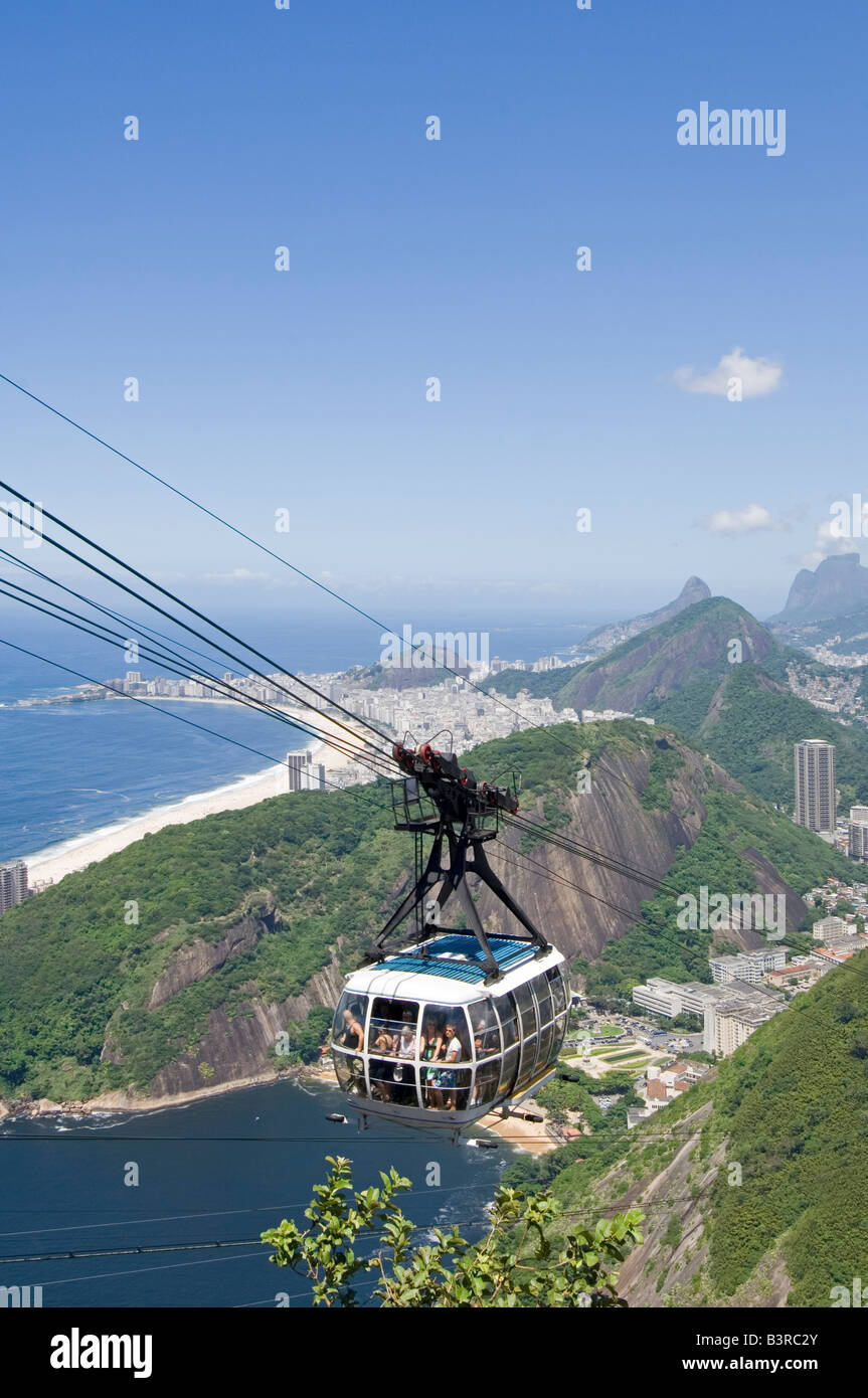 An aerial view of Rio De Janeiro with a cable car taking tourists to ...