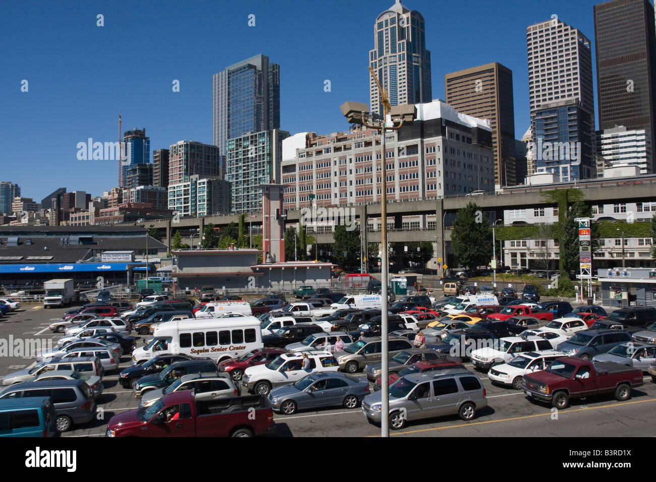 Cars waiting for Washington State ferry at Seattle Ferry Terminal Seattle WA USA Stock Photo