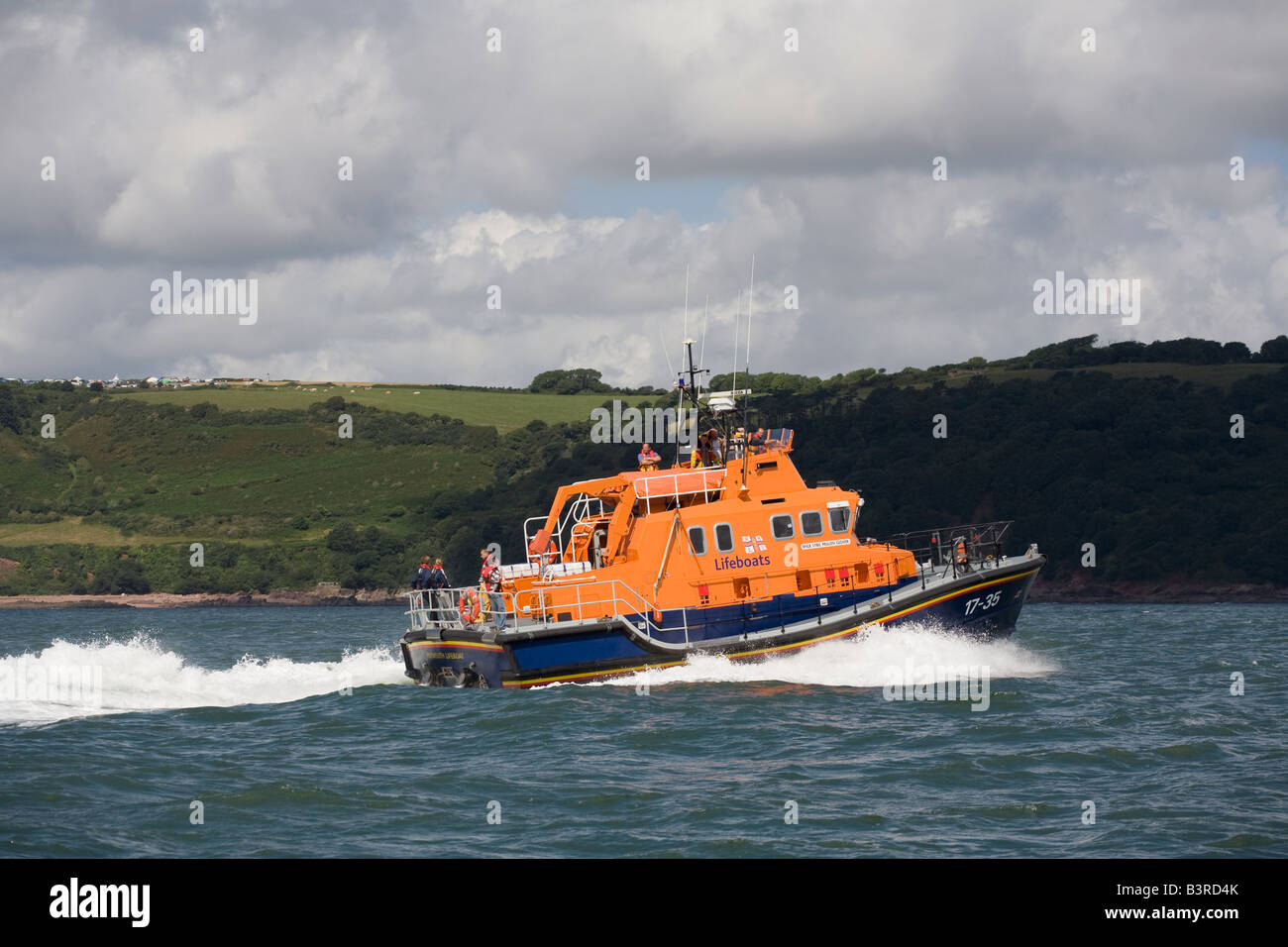 Plymouth Lifeboat returns to its base at Millbay docks after a training exercise. Stock Photo