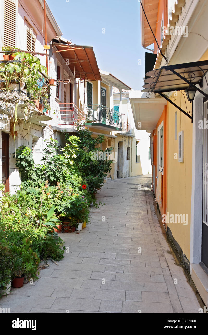 A narrow street in the island town of Lefkada Greece Stock Photo