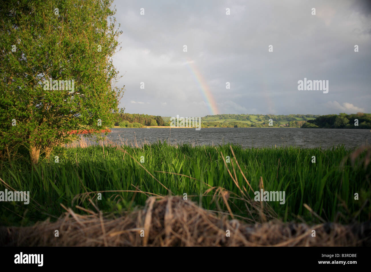 Rainbow over 'Chew Valley' lake Stock Photo