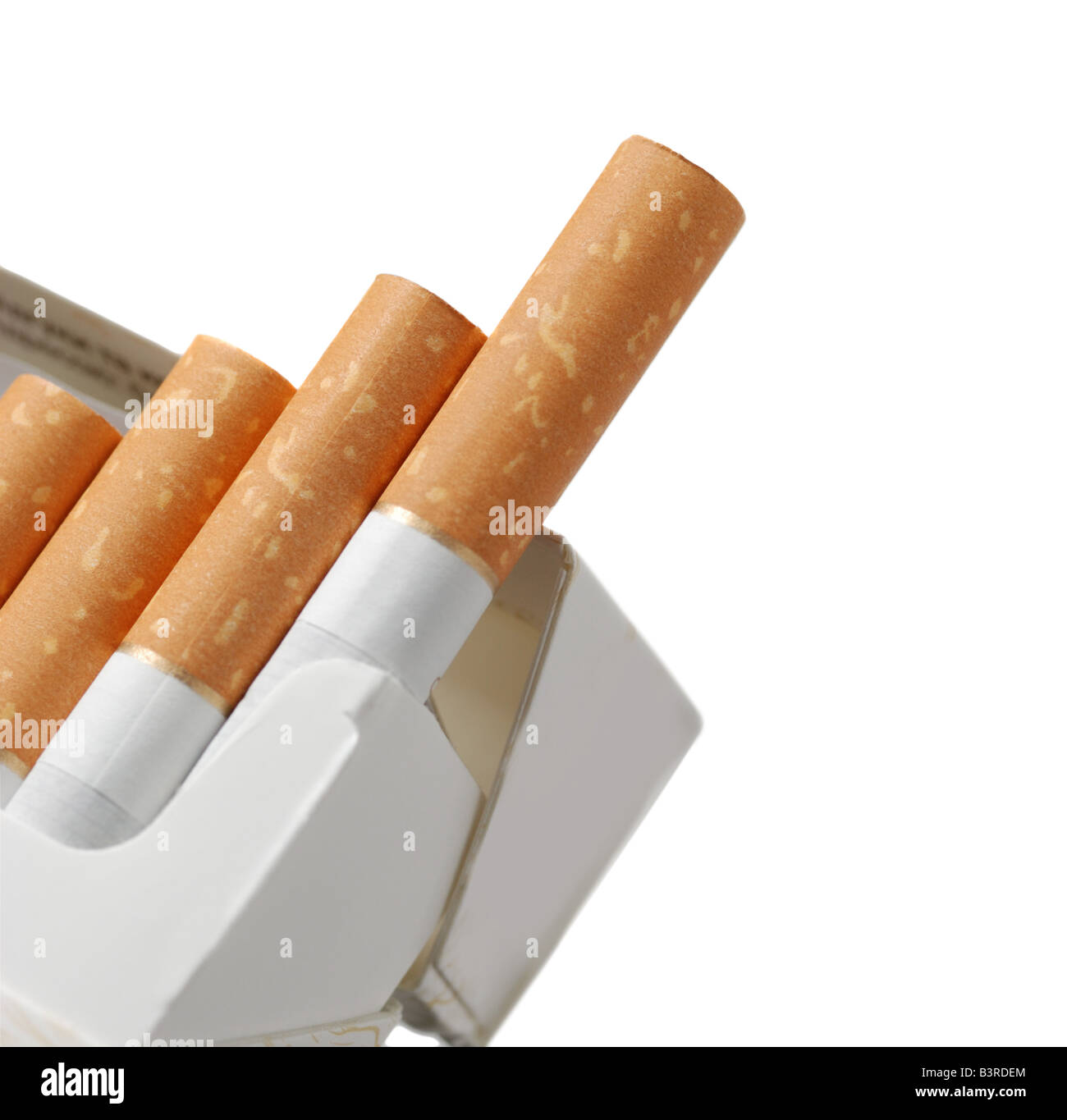 Cigarettes The open pack of cigarettes with the yellow filter Stock