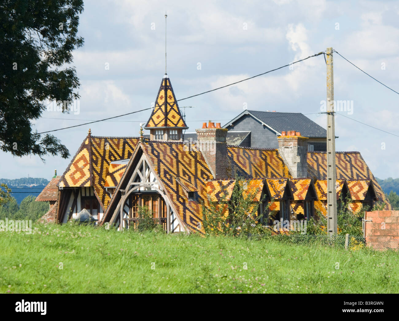 Unusual patterned tile roof in Upper Normandy, France Stock Photo