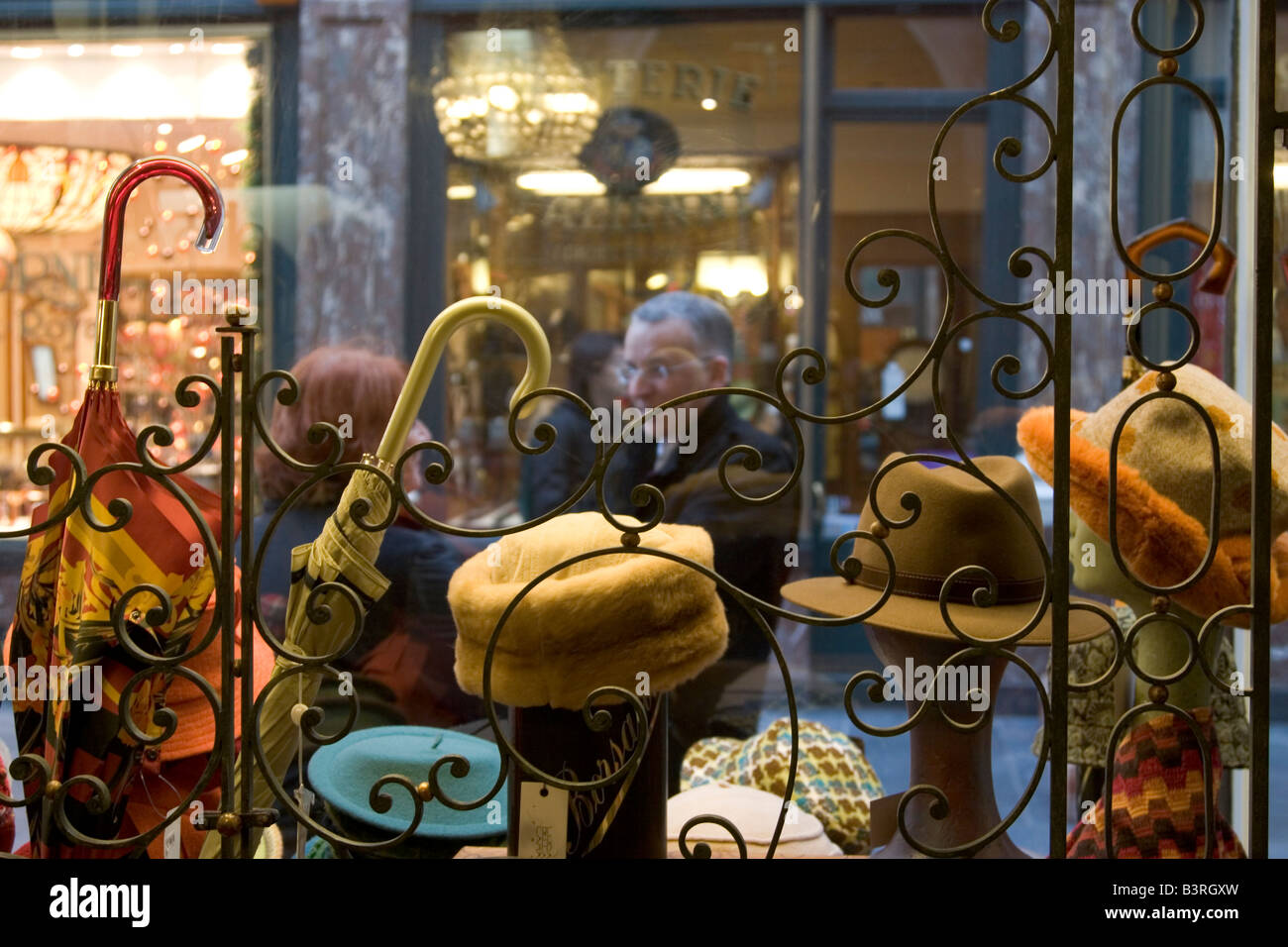 Shop selling traditional mens leather gloves, hats and fashion accessories on the Galeries Royales St Hubert in Brussels Belgium Stock Photo