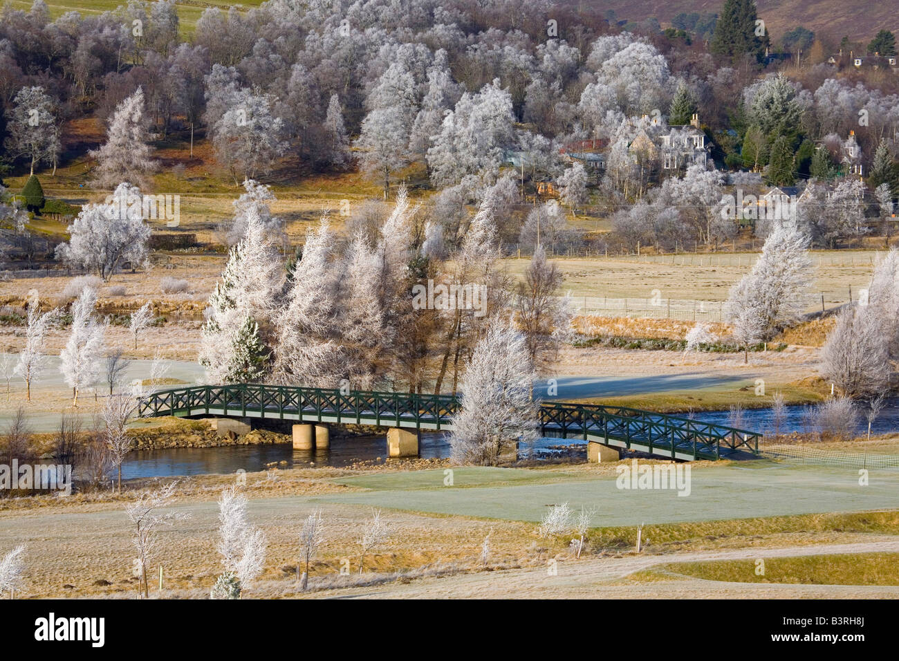 Braemar Golf Club footbridge, Royal Deeside,  Aberdeenshire, Cairngorms National Park, Scotland, UK Stock Photo