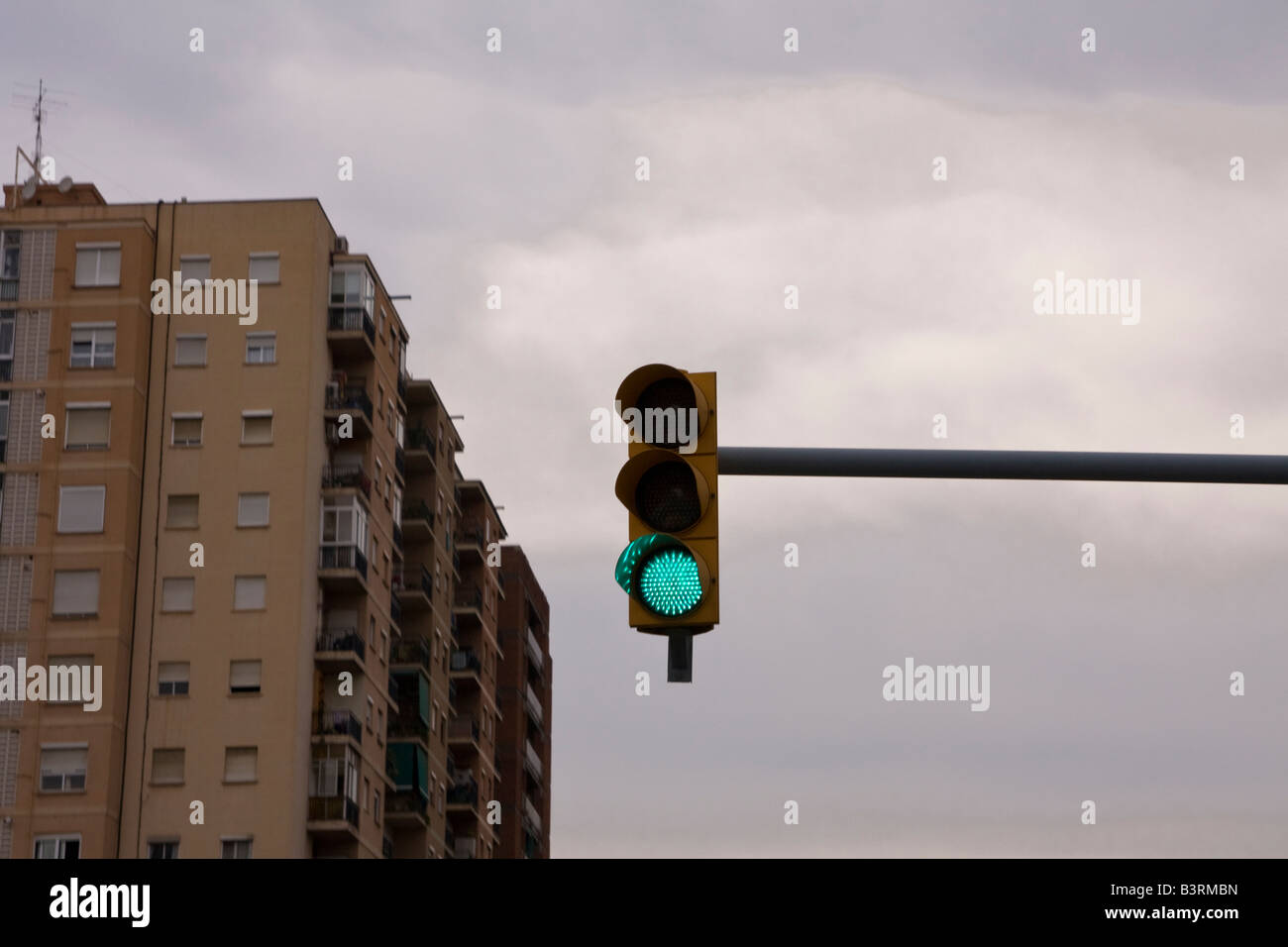 Traffic lights suspended over road in Barcelona Spain Stock Photo Alamy