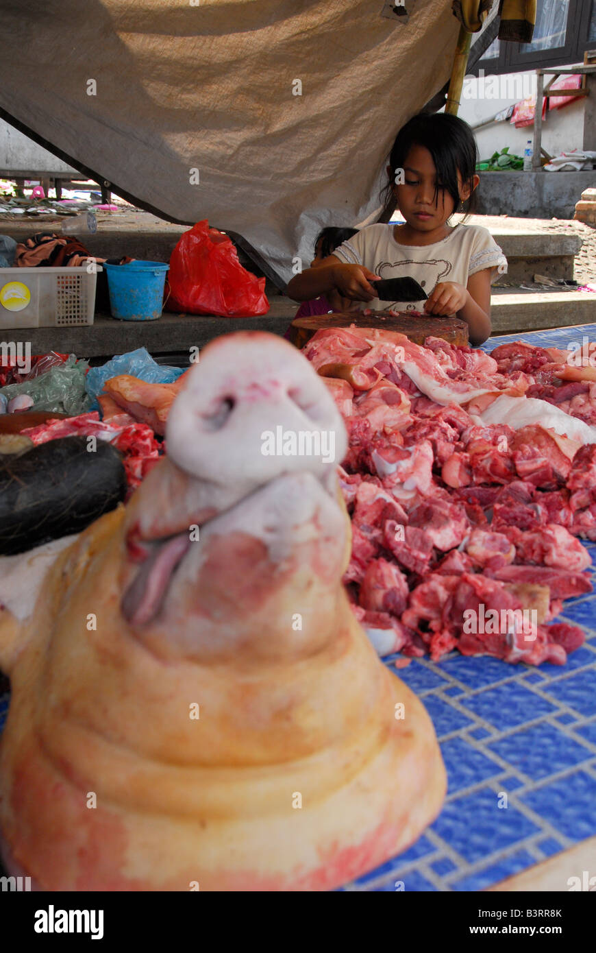 pig head, fresh meat market, main road , mayong , buleleng regency , bali , indonesia Stock Photo