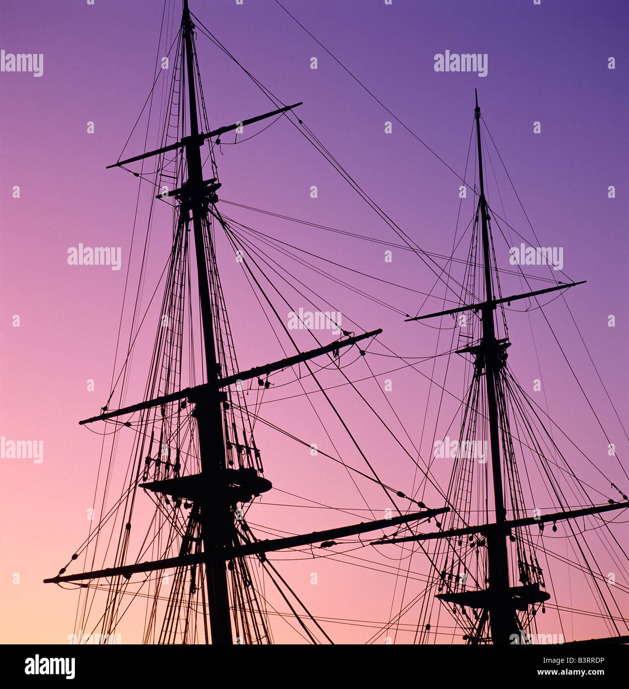 Dusk view of the masts and riggings of the Flagship Niagara. Erie, Pennsylvania, USA Stock Photo