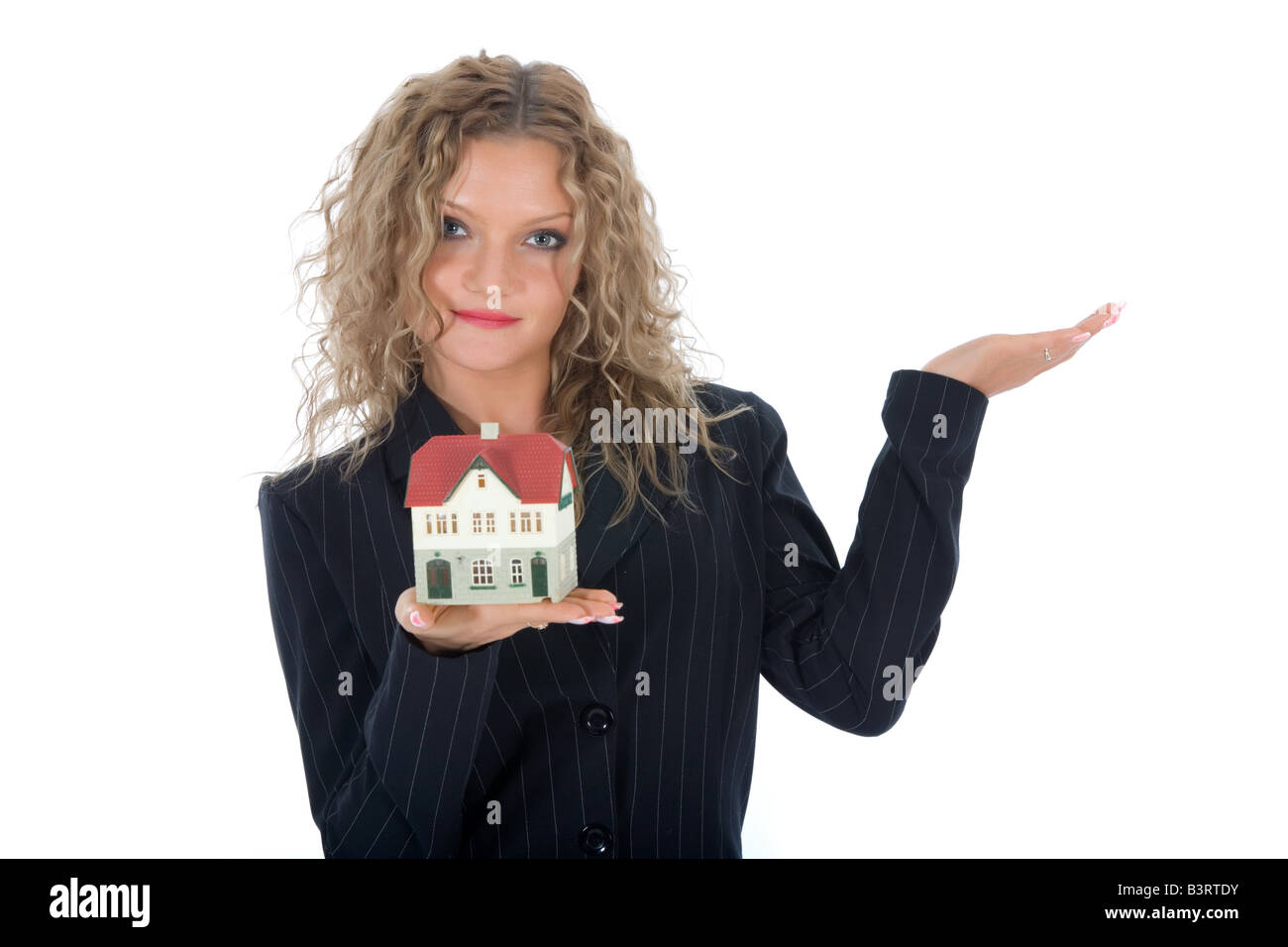 Business woman advertises real estate on white background Stock Photo ...