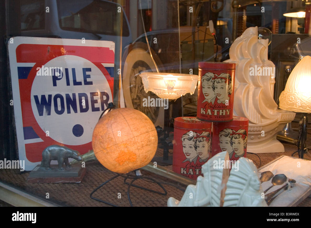 Wide range of various antiques and second hand items for sale in shops