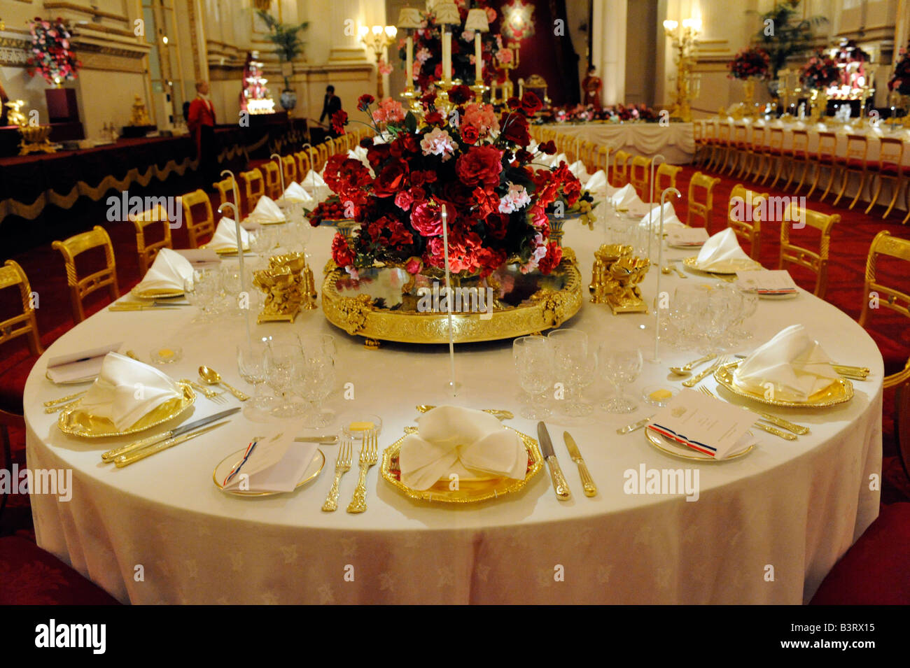 The Ballroom at Buckingham palace in London England set up for a State