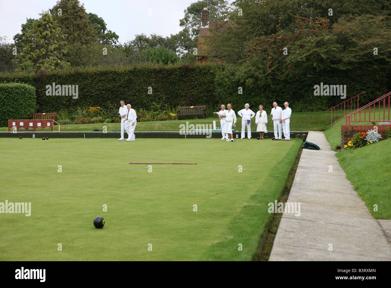 Charity bowls competition in England on a pleasant Sunday afternoon. Stock Photo