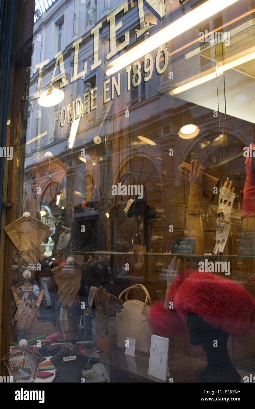 Shop selling traditional mens leather gloves, hats and fashion accessories on the Galeries Royales St Hubert in Brussels Belgium Stock Photo