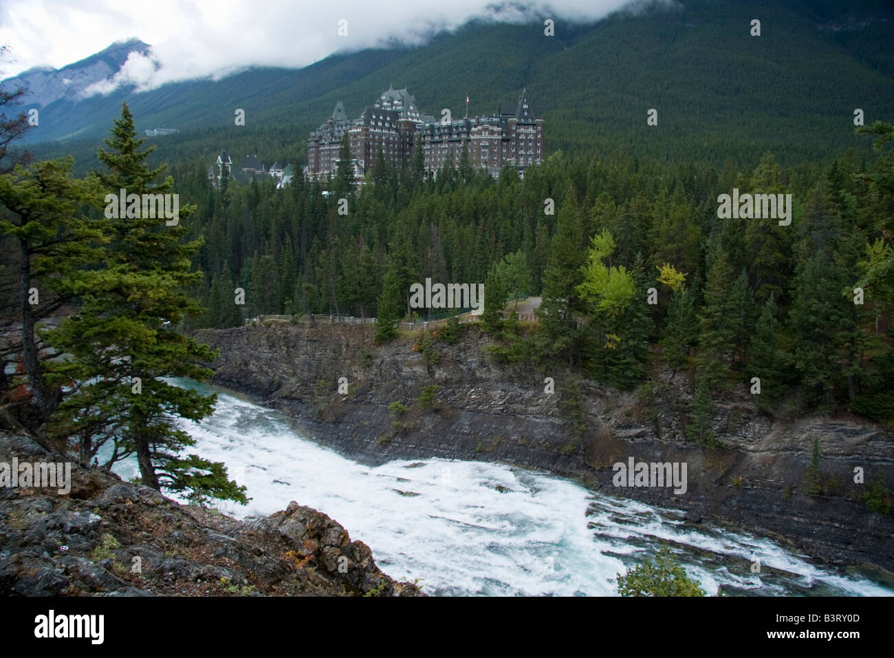Banff Springs Hotel with Bow River - Banff, Alberta, Canada Stock Photo ...