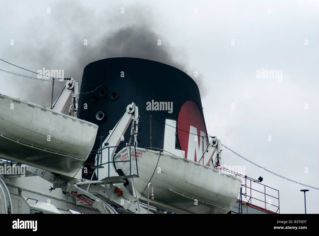 Smokestack and lifeboats of SS Badger Lake Michigan tourist passenger and vehicle ferry Stock Photo