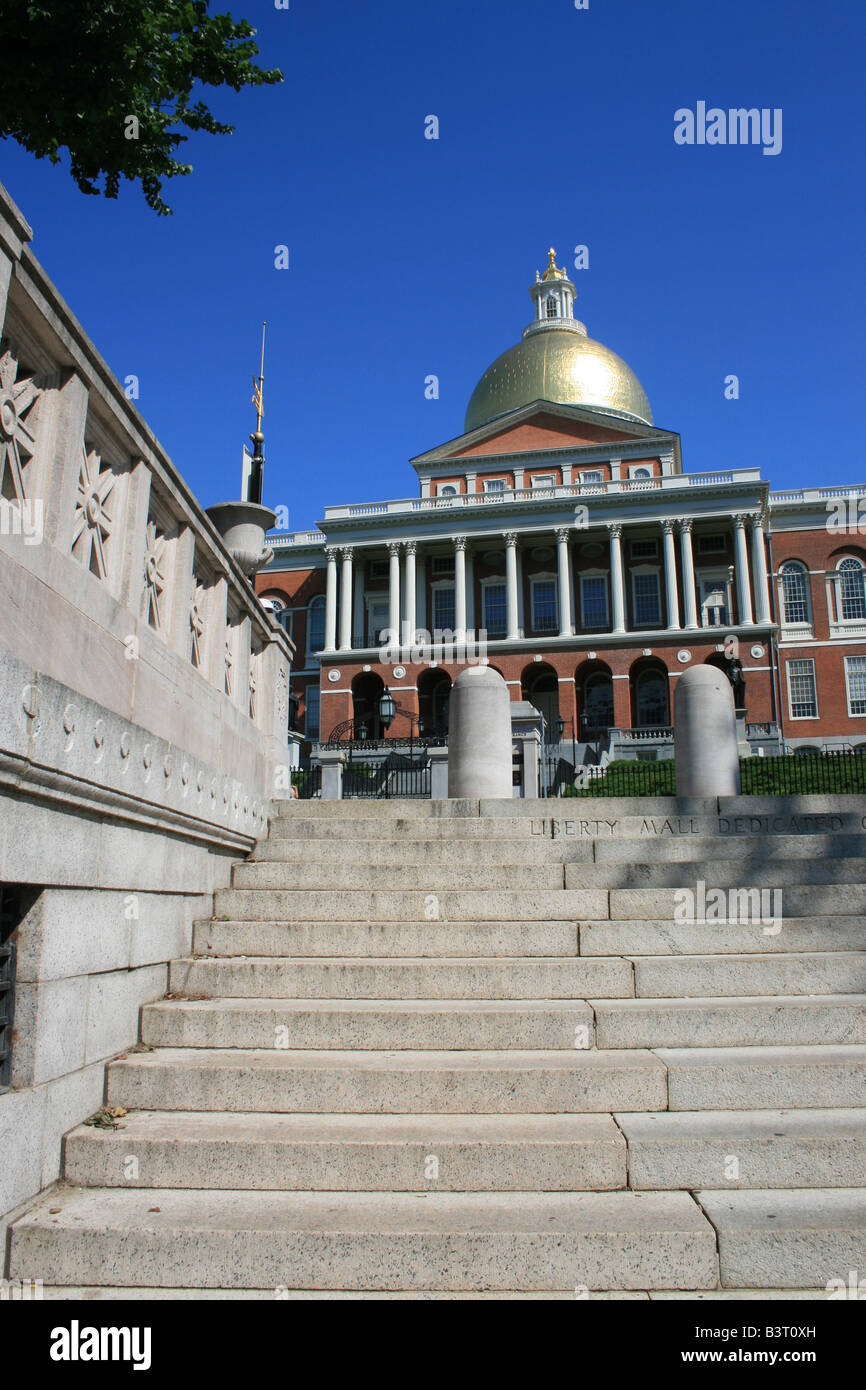 Stairs leading up to the Massachusetts State House in Boston. Stock Photo