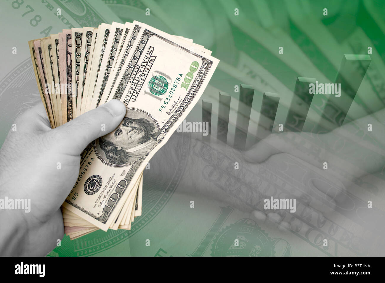 Handful of cash profit chart and a firm handshake A great image to denote profits or successful business dealings Stock Photo