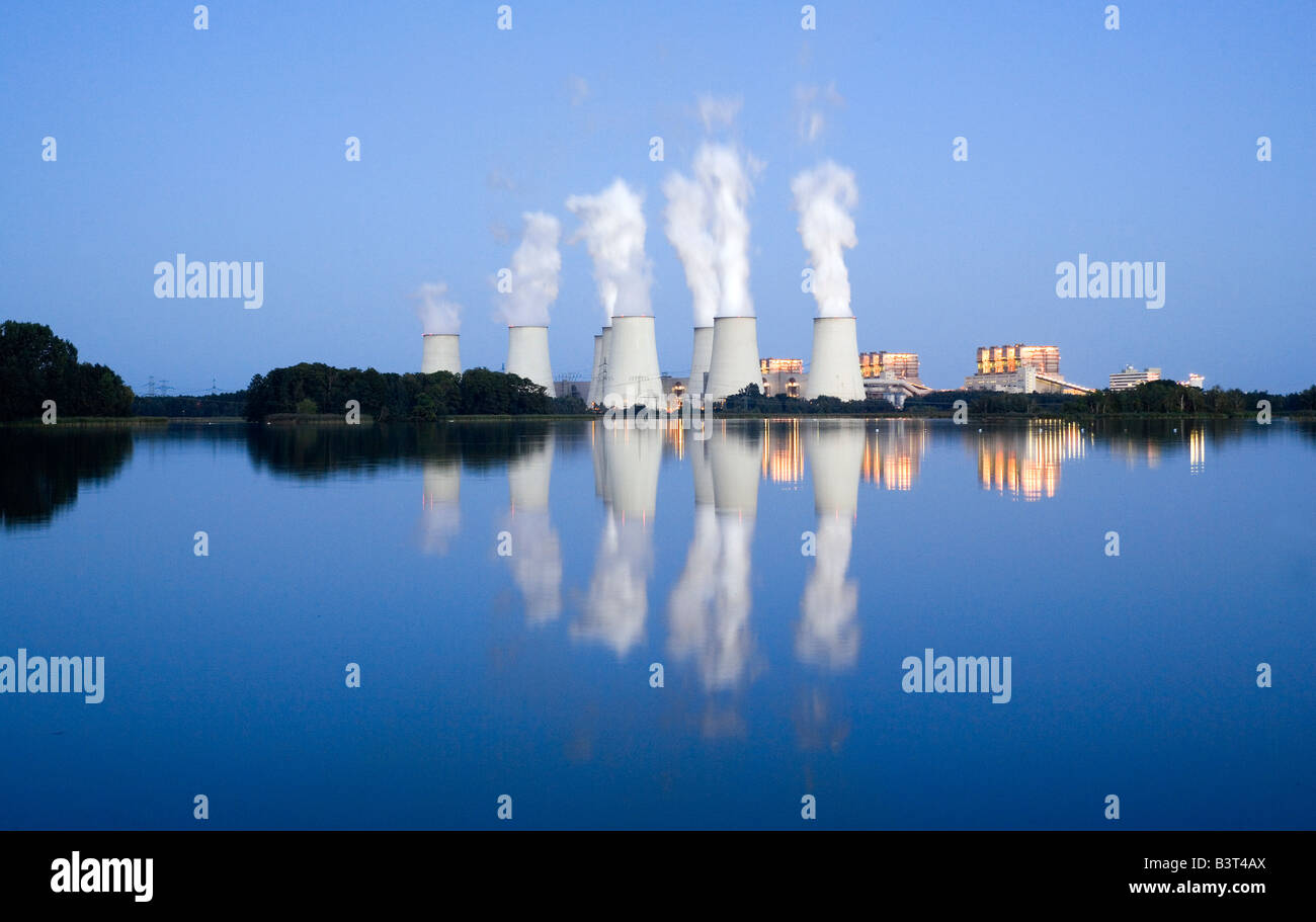 Brown coal power plant Jaenschwalde, one of the worlds power plants with the highest emission during sunset Stock Photo