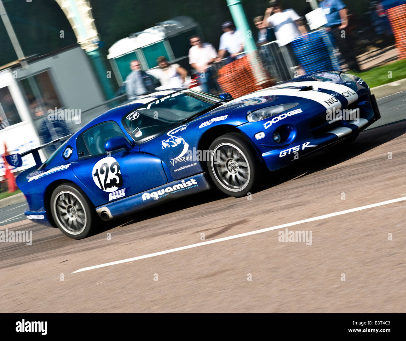 Dodge Viper in racing Blue with white dual pin stripes. Stock Photo