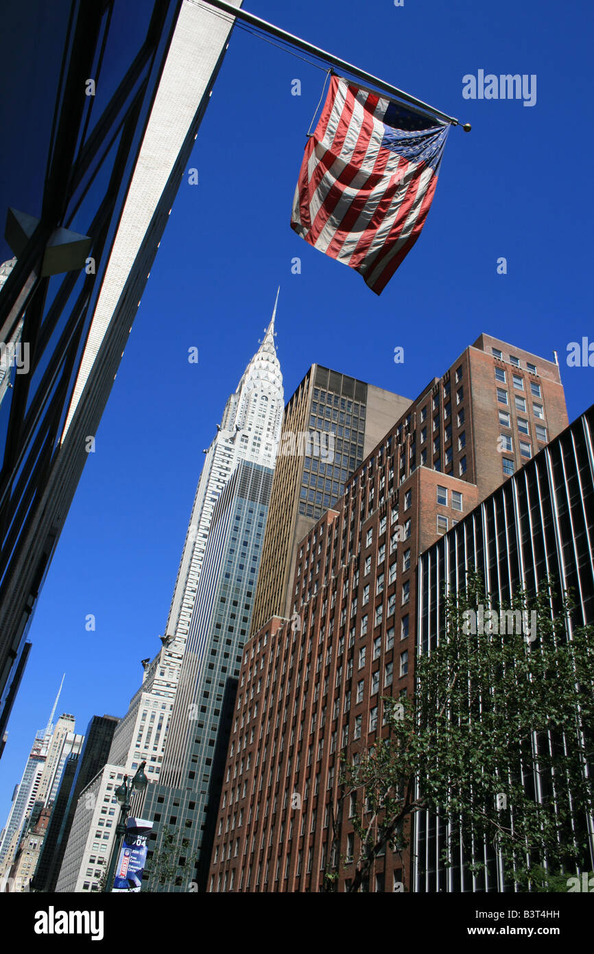 View along 42nd street in Midtown Manhattan, including the Chrysler Building, Stock Photo