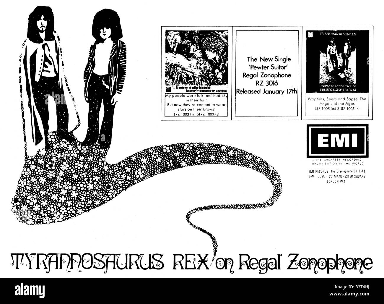 1969 advertisement for records by Tyrannosaurus Rex single and album. FOR EDITORIAL USE ONLY Stock Photo