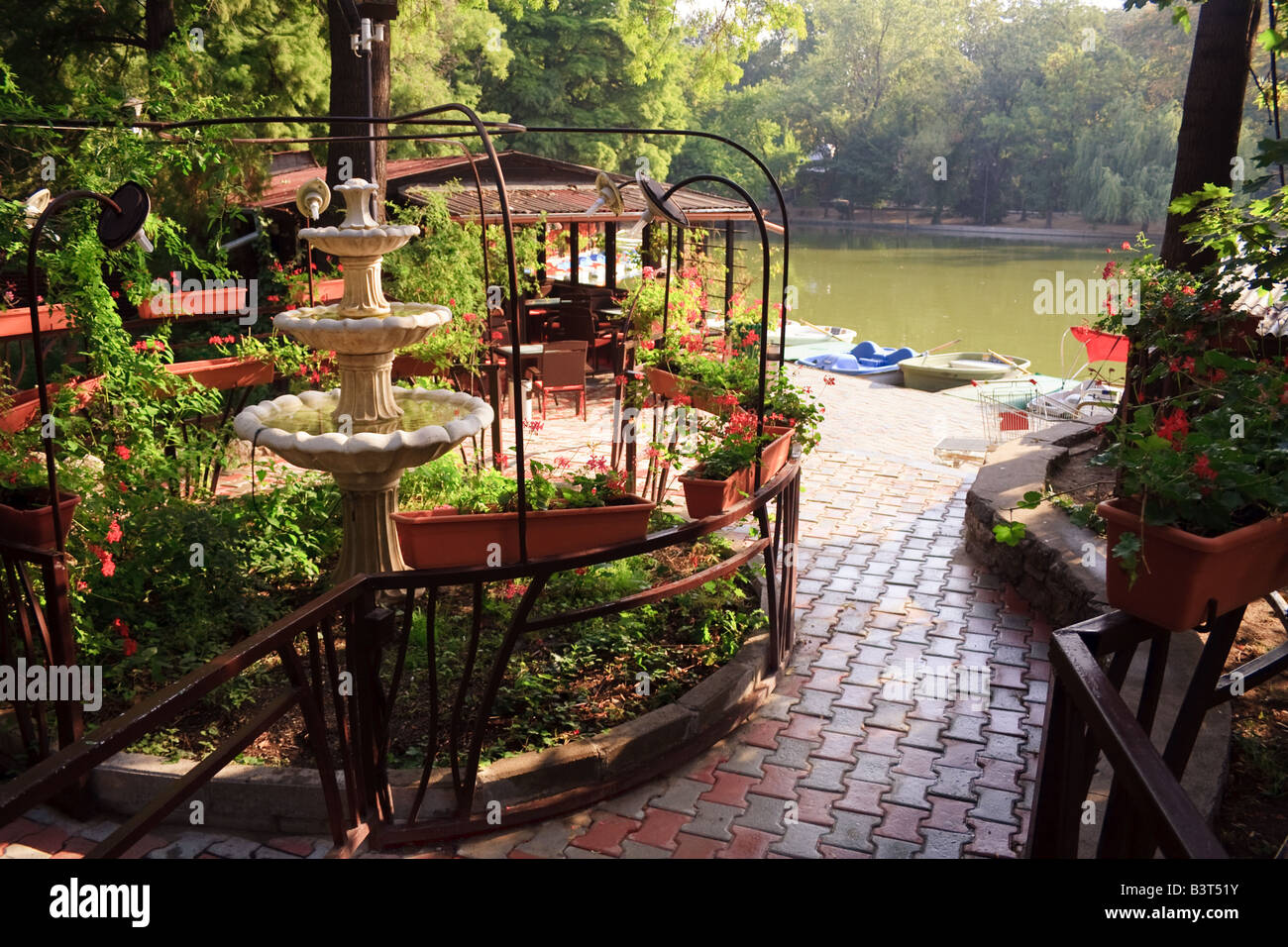 Bucharest Romania 2008 Lakeside fountain in Cismigui Garden showing