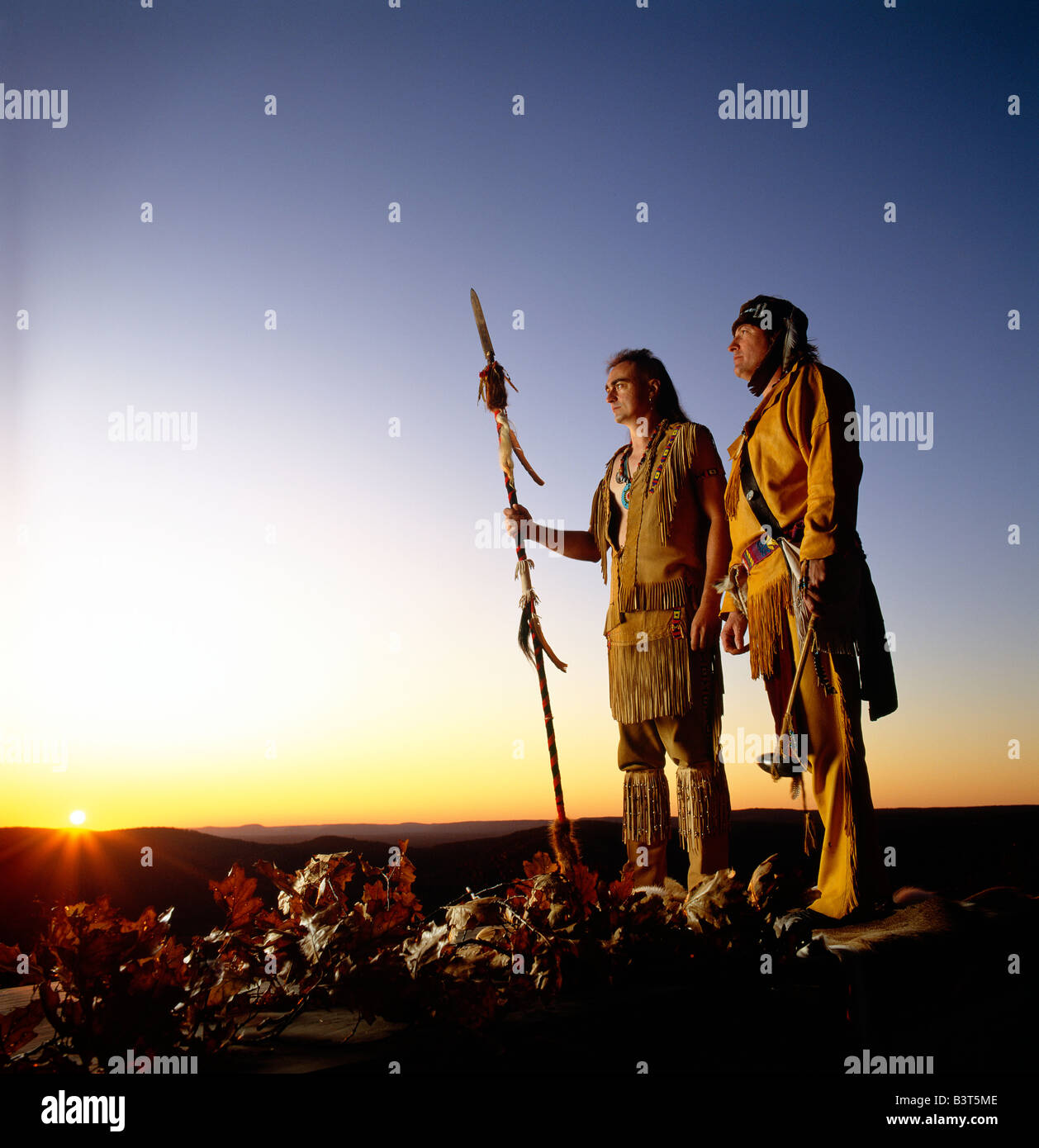 NATIVE AMERICAN SHAWNEE INDIANS AT SUNSET, HIGH KNOB NATURAL AREA, PENNSYLVANIA, USA Stock Photo