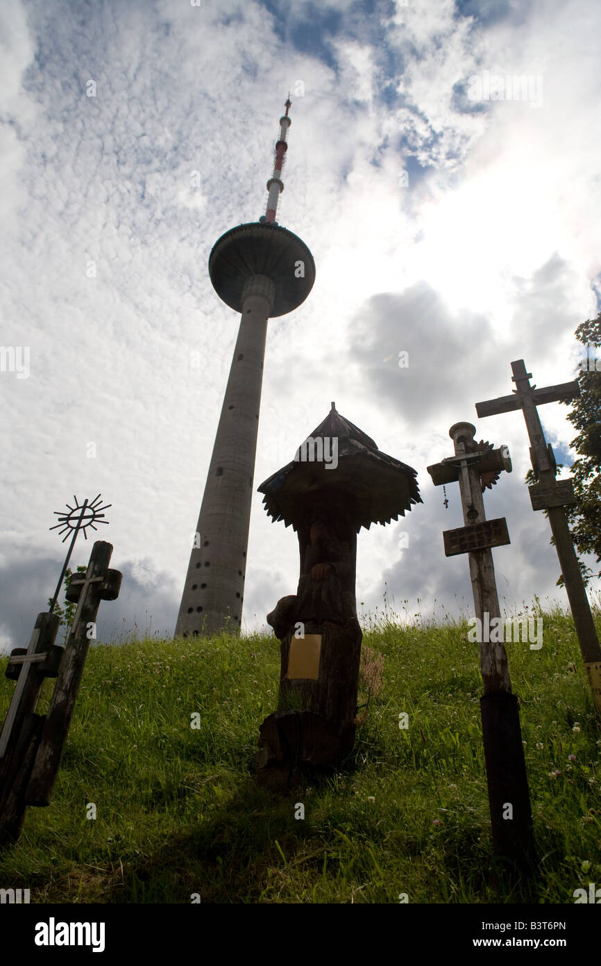 Commemorative shrines at the foot of the TV Tower of Vilnius, Lithuania, where Soviet troops occupied the structure in 1991. Stock Photo