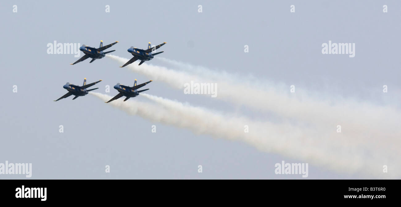 Boeing F/A-18 jets of the US Navy Blue Angels flight demonstration team perform at their summer base, NAS Pensacola Florida Stock Photo