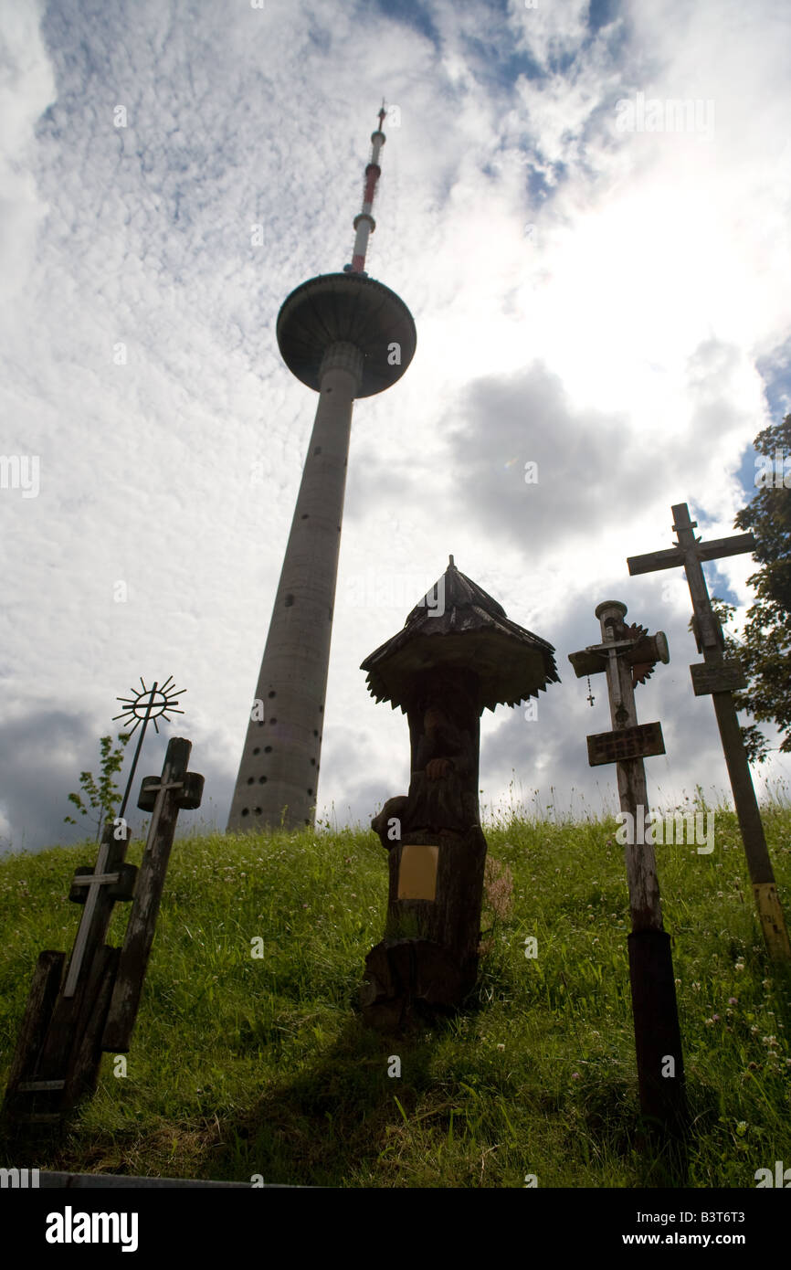 Commemorative shrines at the foot of the TV Tower of Vilnius, Lithuania, where Soviet troops occupied the structure in 1991. Stock Photo