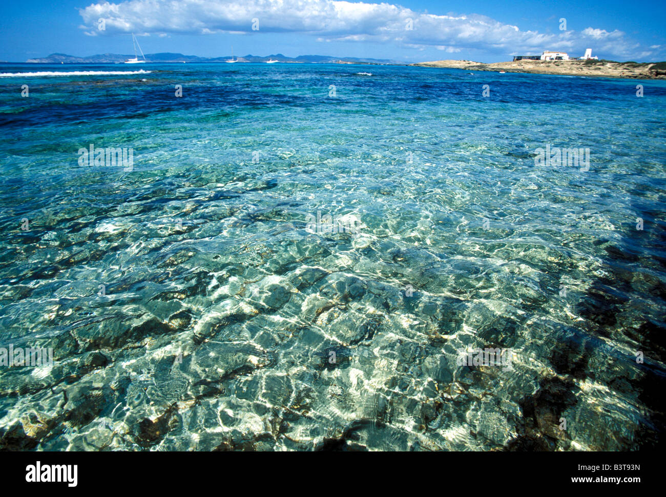 Clear water, Playa Ses Illetes, Formentera island, Spain, Europe Stock Photo