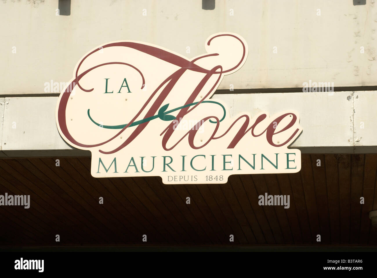 Mauritius, Port Louis. La Flore Mauricienne restaurant sign. This historical restaurant was opened in 1848. Stock Photo
