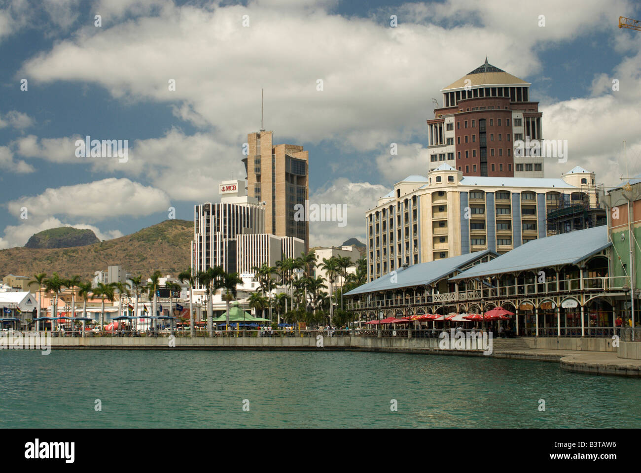 Mauritius, Port Louis. A view of the waterfront with the main buildings of Port Louis in the background. Stock Photo