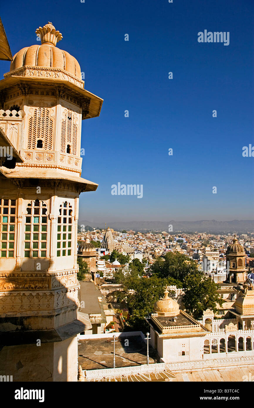 Facade of  the City Palace in the early morning over looking Udaipur City Palace, Udaipur, Rajasthan, India Stock Photo
